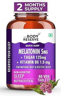 The Body Reserve Melatonin 5mg with Tagar 125mg for Natural Sleep Aid, Muscle Recovery, Nerve Relaxation, and Stress Relief Non-Habit Forming Sleep Aid for Men & Women (60 Veg Tablets)