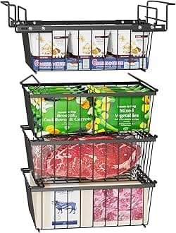 iSPECLE Freezer Organizer Bins - 3 Pcs Medium Stackable Baskets & 1 Pcs Hanging Deep Freezer Organizer Bins for 5 Cu.Ft Chest Freezer Easily Gets Bottom Food, Adds Space to Store More Food, Black