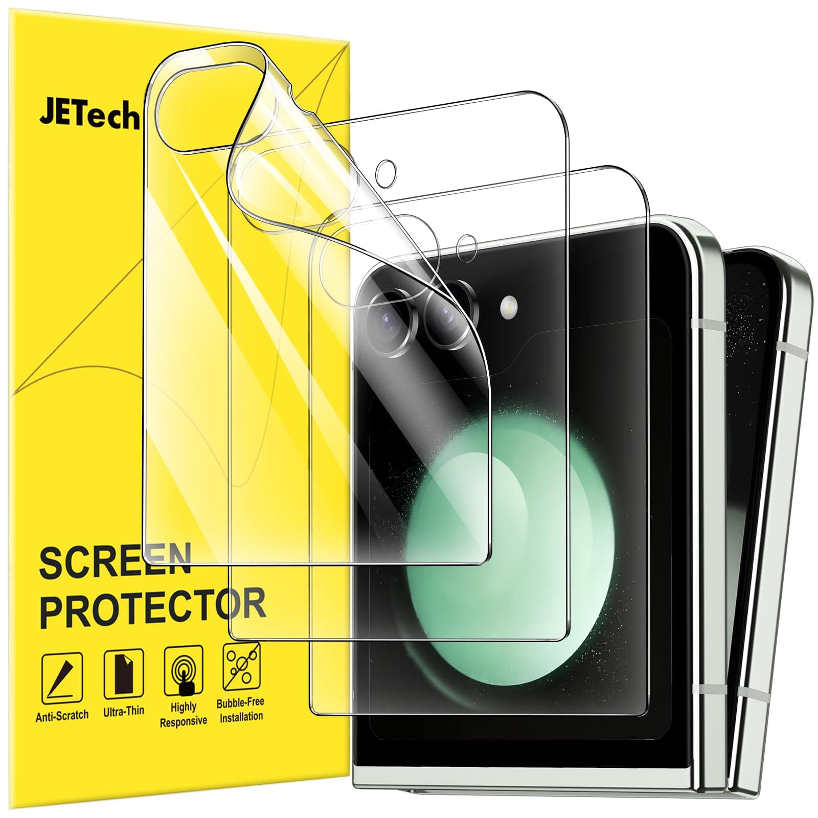 JETech Front Screen Protector for Galaxy Z Flip 7 FE 2025 / Z Flip 6 2024, Full Coverage PET Film, Case Friendly, HD Clear, 3-Pack