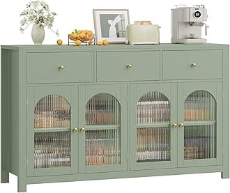 FINETONES Buffet Cabinet with Storage, 55.1" Large Sideboard Buffet, Farmhouse Kitchen Cabinet with 3 Drawers and 4 Doors, Wood Coffee Bar Table for Kitchen, Green
