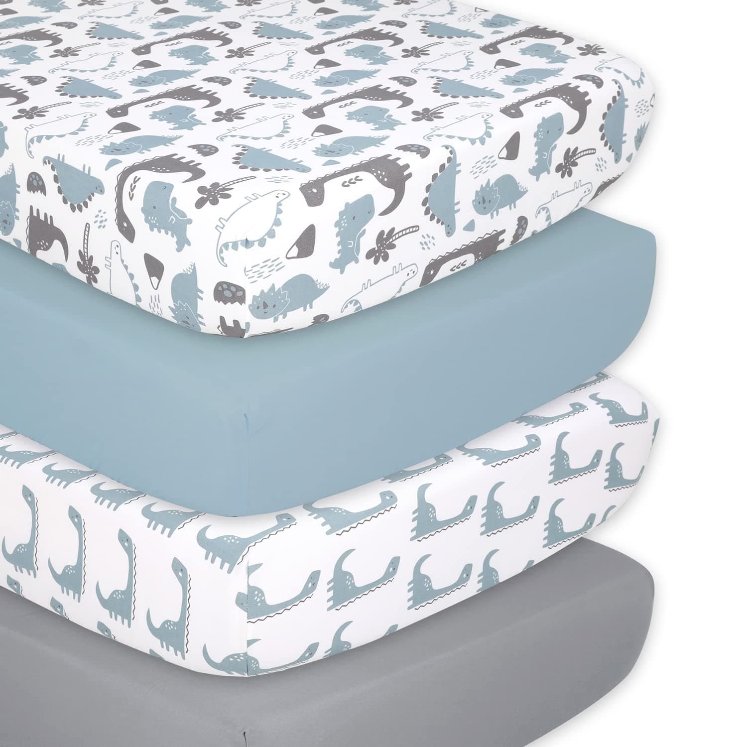 The Peanutshell Dinosaur Fitted Crib Sheet Set | 4 Pack in Blue & Grey