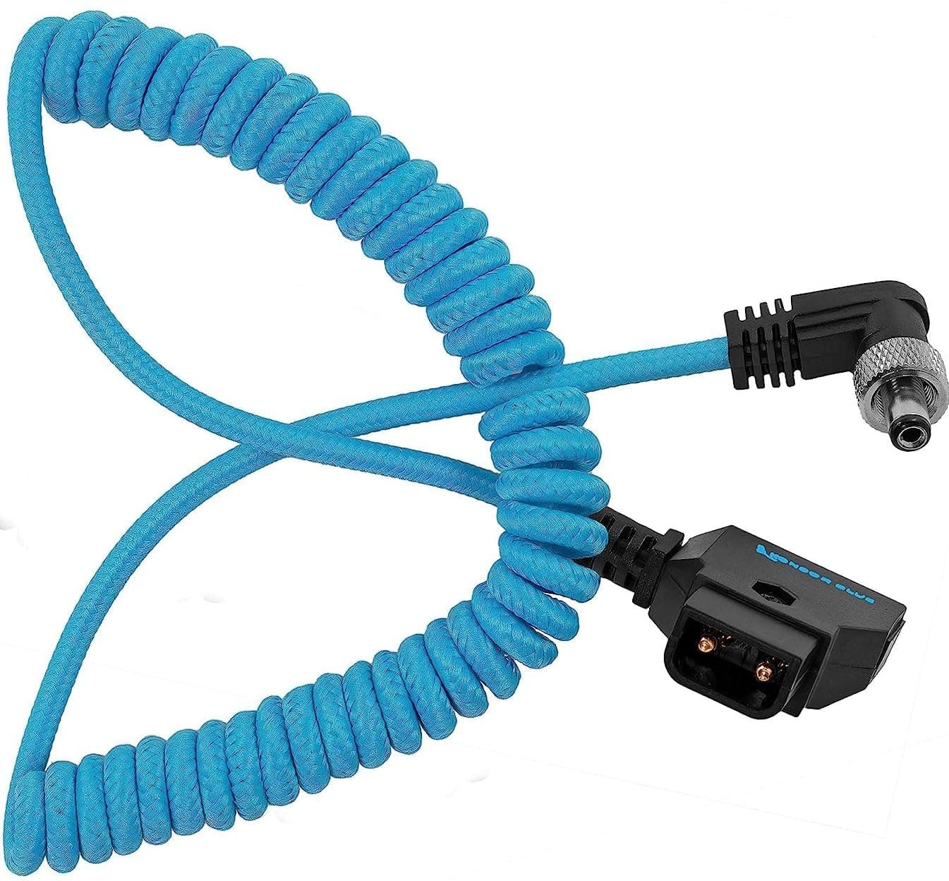 Coiled D-Tap to Locking DC 2.5mm Right Angle Cable | 16-32" Cable, Right-Angle Locking Connector, Ultra-Durable, & Nylon Braided with Reinforced Connectors | Blue