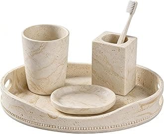 Natural Travertine Textures Serving Tray with Handles - 14x10 inches, Beaded Oval Decorative Tray, Countertop Ottoman Tray for Vanity, Living Room Entryway Table, Perfume Candle Display