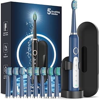 Sonic Electric Toothbrush for Adults - Rechargeable Electric Toothbrushes with 8 Brush Heads & Travel Case,Teeth Whitening , Power Electric Toothbrush with Holder, 3 Hours Charge for 120 Days - Blue