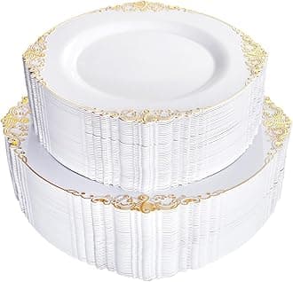102PCS White and Gold Plastic Plates - Heavy Duty Gold Disposable Plates Include 51PCS 7.5inch Dessert Plates, 51PCS 10.25inch Dinner Plates for Wedding & Parties