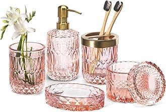 EMPO 6PCS Bathroom Clear Glass Accessories Set (Lotion Soap Dispenser, Soap Dish, Toothbrush Holder, Tumbler, Cotton Swab Jar), Contemporary Modern Decor Crystal Vintage Gift (6pcs Light Pink)