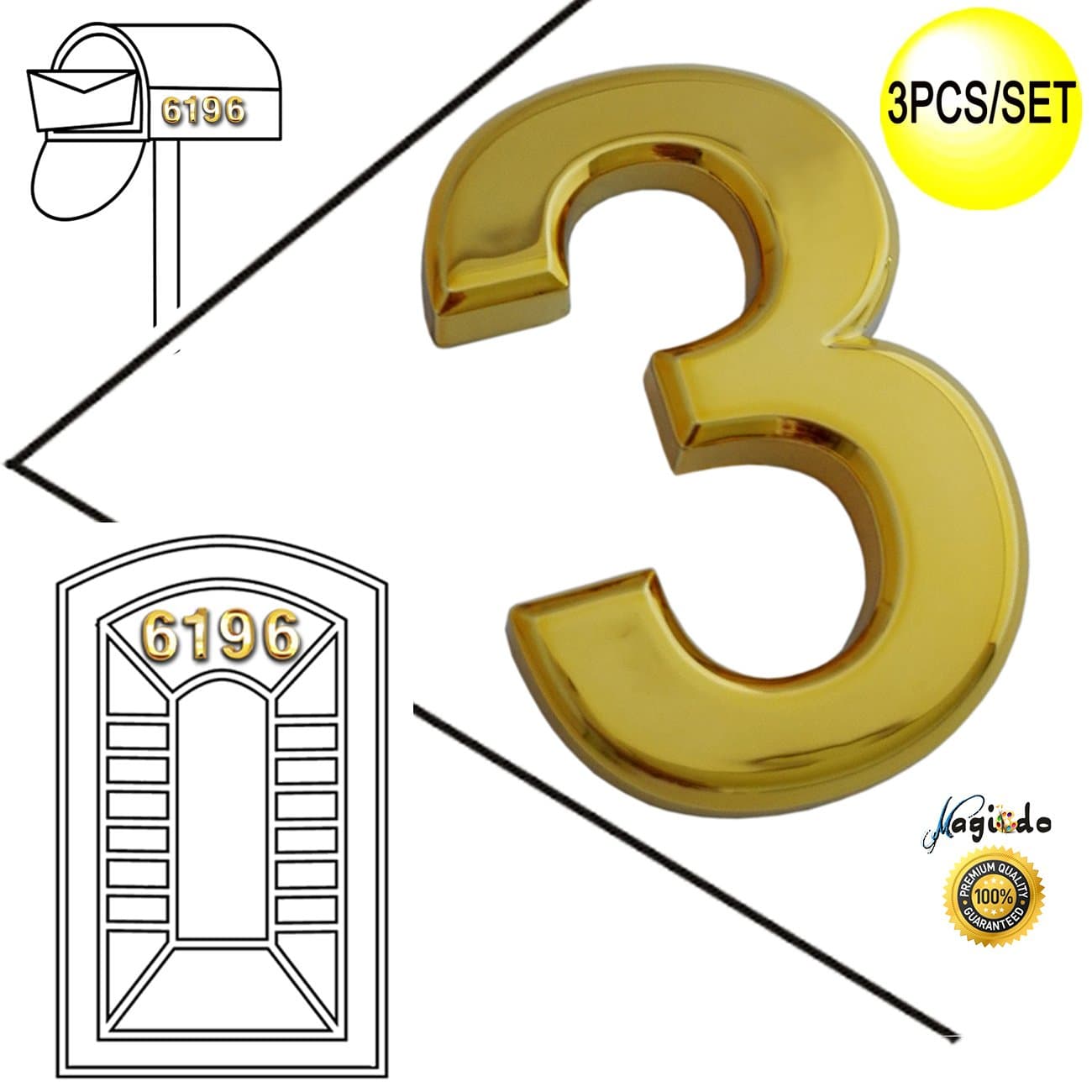 Solid Brass Number 2 Packs– 2-3/4 Inch Magicdo, Modern House Number, Floating Appearance, Easy to install and made of solid Brass(2Pcs/pack Brass) (gold 3)
