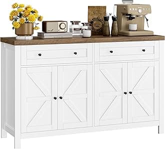 HOSTACK 55" Buffet Sideboard Cabinet with Storage, Modern Farmhouse Coffee Bar with Drawers and Shelves, Barn Doors Storage Cabinet for Kitchen, Living Room, White