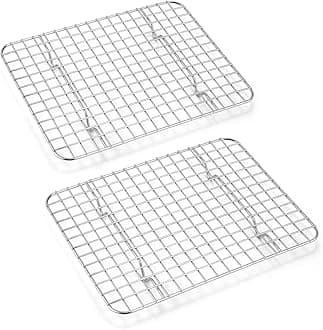 Small Baking Cooling Rack Set of 2, E-far Stainless Steel Toaster Oven Rack for Cooking Roasting Grilling Meat, 8.6” x 6.2” Metal Bakeable Wire Rack for Cookie Cake Bacon - Dishwasher Safe