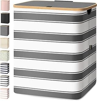 BALEINE Laundry Hamper with Lid, Tall Laundry Baskets with Bamboo Pull Handles, Large Laundry Bin with Internal Support (36 Gal/140L, Grey Stripe)