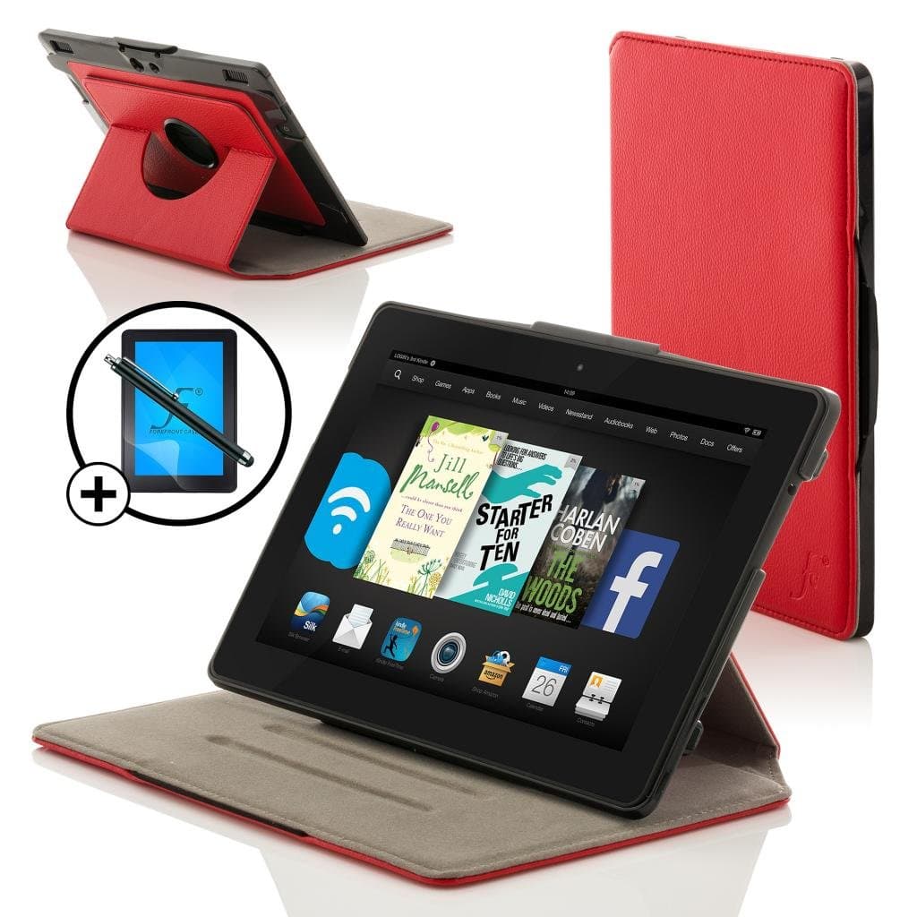 Forefront Cases Amazon Fire HD 7 (4th Generation - 2014 Model) Rotating Smart Case Cover Stand – Extra Padded Rugged with full device protection and Smart Auto Sleep Wake function + STYLUS & SCREEN PROTECTOR (RED)