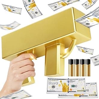 Gold Money Gun Shooter and 201 PCS Props (No Real Function) and 4 AA Batteries, Money Thrower Gun That Shoot Prop Paper, Pretend and Play Toys Paper Dispenser Fake Gun for Party