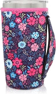 Neoprene Insulated Sleeves Cup Holder with Handle for 20oz Tumbler Cups, Reusable Iced Coffee Sleeve For 30oz - 32oz coffee cups(Flower meadow)
