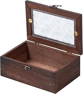 Useekoo Wooden Storage Box with Front Clasp & Hinged Glass Lid, 6.9"x4.7"x2.7" Wood Keepsake Boxes for Jewelry, Card, Peals, Rustic Memory Gift Box Wedding, Anniversaries，Birthday,Vintage Color