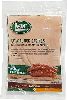 LEM Products Natural Hog Casings, 32-35mm, Edible Sausage Casings, Stuffs Approximately 30 Pounds, Great for Sausage Links, Franks, Metts, and More, 6.1 Ounce Package