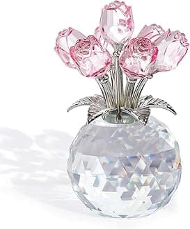 Crystal Pink Rose Bouquet Flower Figurine with Round Vase, Romantic Rose Gifts for Women Her on Valentine's Day Mother's Day Christmas, Collectible Floral Glass Ornaments for Home Party Wedding