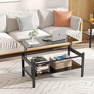 Meihua Lift Top Glass Coffee Table with Storage Compartment and Separated Open Shelves, Lift Tabletop for Living Room Home, Office, Black
