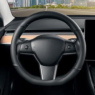 SEG Direct Flat Bottom Steering Wheel Cover, D Shaped Car Wheel Cover 14-14 1/4 in. (35.5-36 cm), for Tesla Model 3 / Y, for Camaro, Black Microfiber Leather