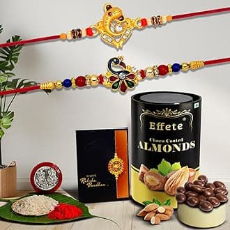 DeoDap Rakhi For Brother Set Of 2 With Effete Chocolate Almonds with Silver Color Pooja Coin, Roli Chawal & Greeting Card | Rakhi For Brother And Bhabhi, Rakhi With Chocolate, Rakhi With Gift For Brother, Rakhi For Kids, Rakhi Set, Rakhi Combo, Rakhi With Sweets (K2_254+258_CA)
