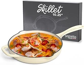 Enameled Cast Iron Skillet, 10.25-IN Bianco Perla (Off-White) Enamel Skillet Pan, No Seasoning Required and Cast Iron Frying Pan