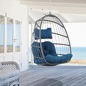 Hanging Egg Chair - Patio Rattan Wicker Swing Egg Chair Hammock Chair for Indoor Outdoor Bedroom Garden - Aluminum Steel Frame UV Resistant Cushion (Aluminum-Without Stand, Teal Blue)