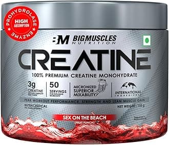 Bigmuscles Nutrition Creatine [155g, 50 Servings]|Sex On The Beach | Micronized Creatine Monohydrate To Support Lean Muscle Repair & Recovery|Increase Strength&Athletic Performance,Powder, 1 count