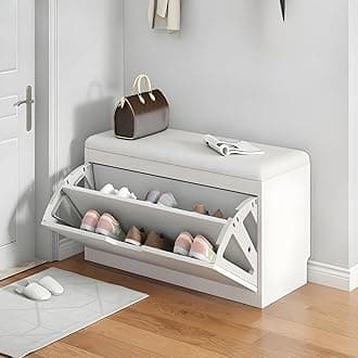 LITFAD Modern Shoe Storage Bench with Doors Entryway Shoe Bench with Cushion Seat Hallway Bench with Shoe Storage Cabinet Free Standing Hidden Shoes Organizer - 20" L x 9" W x 18" H White