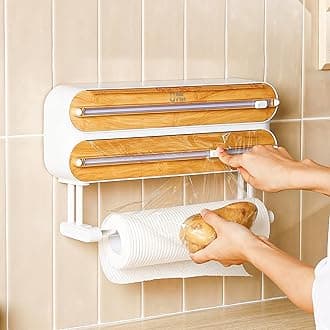 House of Quirk Magnetic Plastic Wrap Dispenser with Cutter, 3 in 1 Aluminum Foil and Plastic Wrap Organizer with Paper Towel Holder, Compatible with Cling Film, Tin Foil and Roti Paper Cutter (Brown)