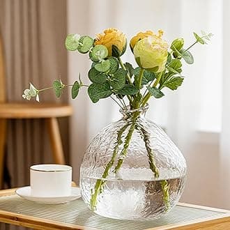 Round Hammered Glass Vase for Flowers, Crystal Flower Vase Irregular Shape for Living Room Dining Table Wedding Decor Center Pieces
