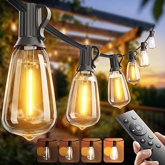 100FT LED Outdoor String Lights with Remote Waterproof Patio Lights with Shatterproof ST38 Replaceable Bulbs, Dimmable Outside Hanging Light Connectable for Porch, Backyard