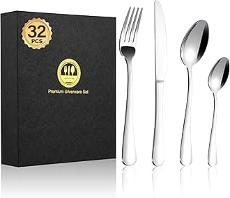BEWOS 32-Piece Stainless Steel Cutlery Set, Knives and Forks Set for 8 People, Spoon and Fork Set with Gift Box, Tableware Flatware Set with Fork and Spoon Set, Mirror Polished & Dishwasher Safe