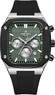 NAVIFORCE Mens Square Watches,Chronograph Analog Calendar Wrist Watch,Quartz Waterproof Watches for Men,Silicone Band,Green, NF8037-SGNB