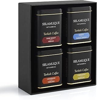 Selamlique Turkish Coffee Istanbul 4 boxes of Turkish Coffee Taste Selection in Gift Box (Dark Roast, Mastic, Cardamon, Cinnamon), 4.4 ounces