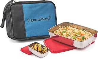 SignoraWare Compact Small Stainless Steel Lunch Box with Bag | Two Compartment Tiffin | Airtight Lid | Leak Proof | Useful for Picnic & Outdoor | Best for Office & School use (150ml + 550ml | Red)