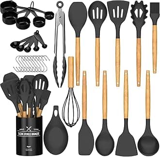 Kitchen Cooking Utensils Set, 33 pcs Non-Stick Utensils Spatula Set with Holder, Black Wooden Handle Silicone Kitchen Gadgets