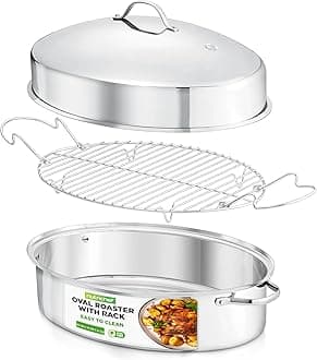 NutriChef, Roasting Tray Pan Oval Set - Deep Roasting Tin Grill with Rack, Roaster Pan with Lid - Stainless Steel Roaster Dish w/Wide Handles & Removable Rack- for Roasting, Large- 50.8cm, Silver