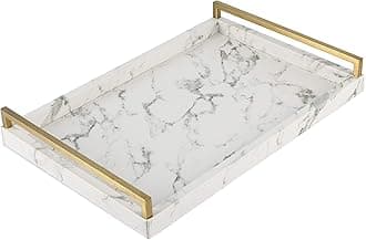 WV 17.8 * 11.8" White PU Leather Marble Finish Decorative Tray Serving Tray with Brushed Gold Handle for Coffee Table, Console Table, Ottoman
