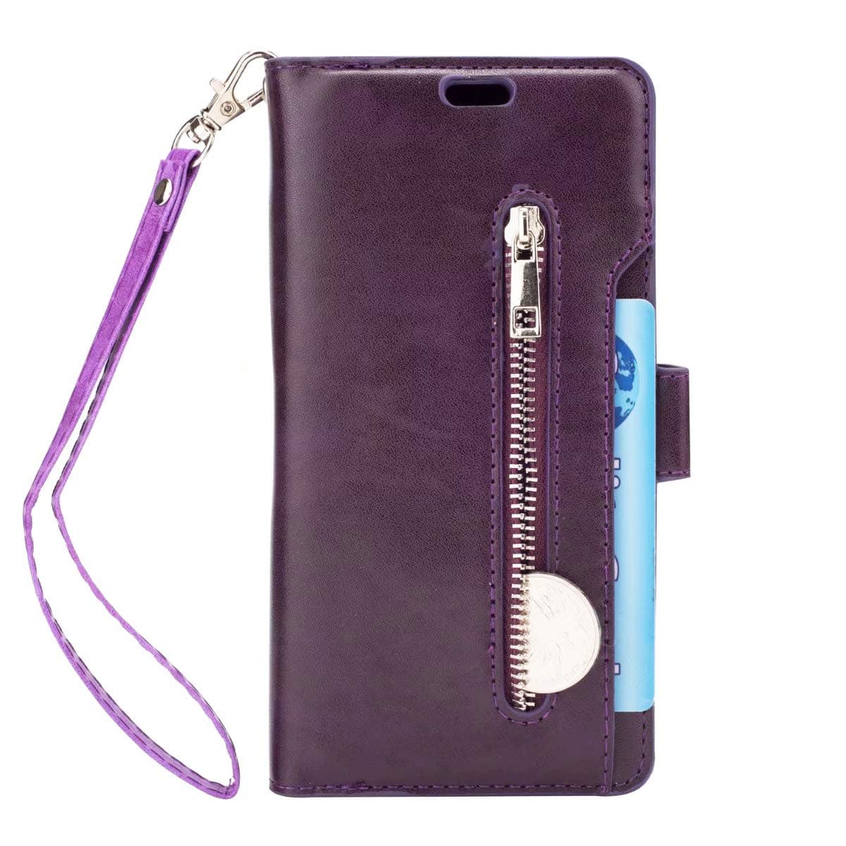 iPhone 7 Plus Case,iPhone 8 Plus Wallet Case - KAIFX Stylish Classic Premium Leather [9 Card Slots] Zipper Flip Kickstand Cover Case with Wrist Strap for iPhone 7plus/8plus (Purple)