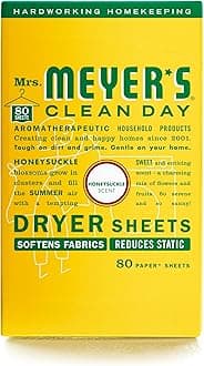 MRS. MEYER'S CLEAN DAY Dryer Sheets, Fabric Softener, Reduces Static, Infused with Essential Oils, Honeysuckle, 80 Count