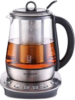 Buydeem K2423 Hot Tea Maker 1.2L, Glass Stainless Steel Electric Kettle, Removable Infuser, Auto Keep Warm, Black