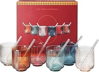 Vintage Art Deco Colorful Highball Glasses & Glass Straws - Ribbed Cocktail, 6 Set, with Straw - Gift-Ready Highballs Gatsby Texture - Unique Colored Glassware Home Bar & Kitchen Gift Set - Lowball