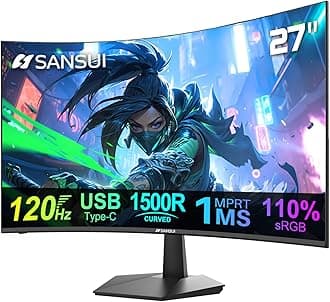 Curved Monitor 27 inch 120Hz USB Type-C Computer Monitor with Speakers Built in丨FHD 1080p丨HDR丨110% sRGB丨1500R丨VESA Compatible,for Tablet,Desktop,Laptop and PC Work Gaming