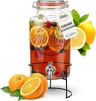 Glass Drink Dispenser with Tap – 5L Mason Jar Beverage Container with Stainless Steel Spigot – Water Dispenser with Tap for Juice, Iced Tea, Cocktail, Picnic, BBQ, Parties, Counter