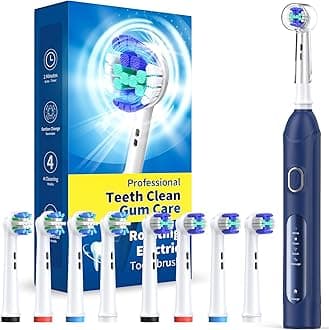 TEETHEORY Rotating Electric Toothbrush for Adults with 8 Brush Heads (2 Types), 4 Modes Deep Clean Electric Toothbrush with Rechargeable Power and 2 Min Smart Timer (4-Dark Blue, p1)