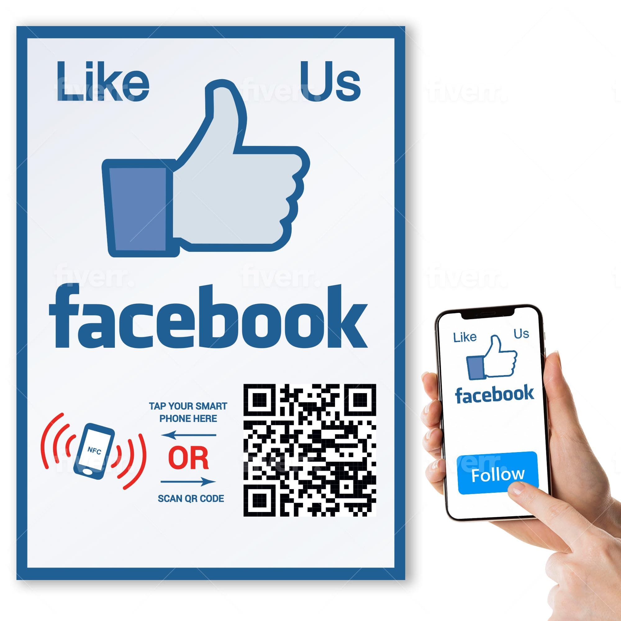 Like Us on Facebook Sticker - Touchless QR Code and NFC Tag - Two-Sided Facebook Review Tap Card - Storefront Window Decal 4" Wide - 6 Inches High
