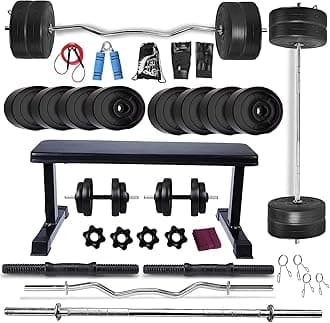BODYFIT Home Gym Set Combo Kit, Gym Strength Training, (16-100 Kg), 3Ft Curl, 5Ft Plain Rod, Flat Bench-Black, 2X14'' Dumbbell Rods Weight Plates, Fitness Exercise Set. (40 Kg Weight Plates)