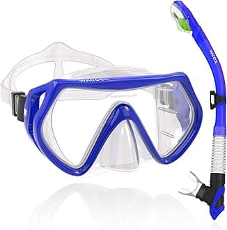 WACOOL Professional Snorkeling Snorkel Diving Scuba Package Set with Anti-Fog Coated Glass Purge Valve and Anti-Splash Silicon Mouth Piece for Men Women (Kids,Blue)