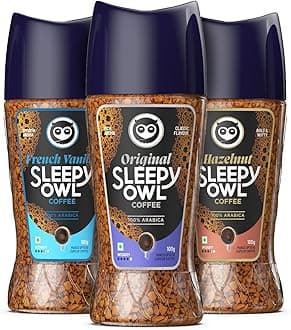 - Sleepy Owl Instant Coffee Powder Pack of 3 | Premium Combo - Original, Hazelnut, French Vanilla | 100% Arabica Beans | Delicious Assorted Flavours | Ready in Seconds | Makes 150 cups | 100gm Each