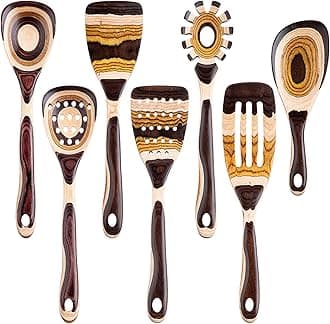 7-Piece Brown Pakkawood Utensils Set – Sturdy, Eco-Friendly, Wooden Spoons for cooking, Wooden Utensil for cooking, Wooden Kitchen Tool, Home & Kitchen Gifts for Men and Women