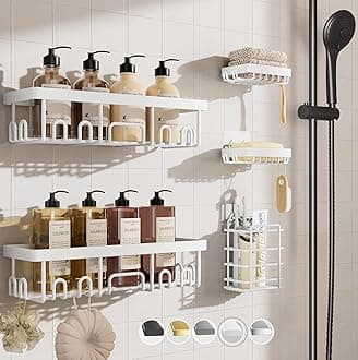 Adhesive Shower Caddy 5-Pack,Heavy Weight Bearing,Large Wall Mounted Shower Shelves Rack,Organizer Storage Accessories with Soap Dish&Toothbrush Holder,Ideal for Bathroom,Home&Kitchen,White